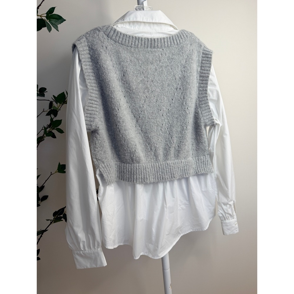 Altar'd State Womens Mixed Media 2-in-1 Sweater Vest Layered Shirt Grey White M - Picture 7 of 7